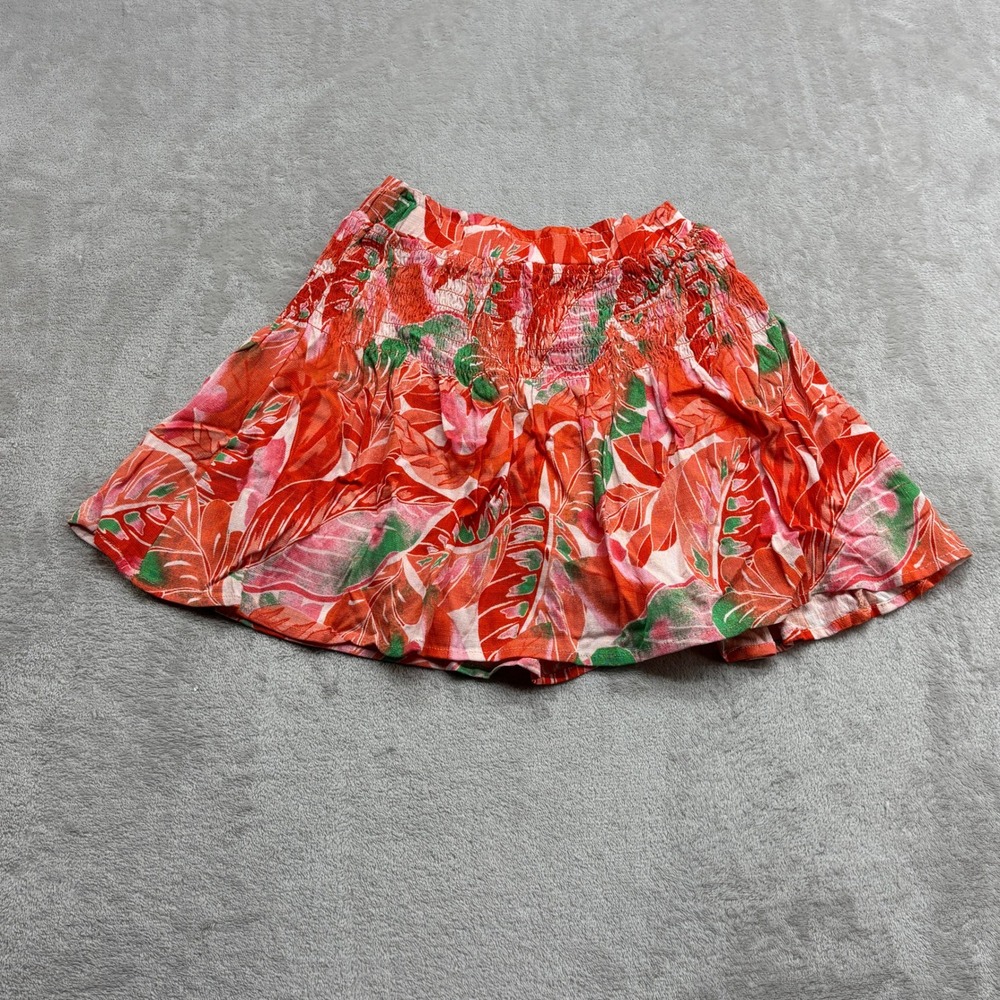 GB Girls Smocked Mini Skirt Women's S Red Tropical Leaf Print Boho Tropicalcore